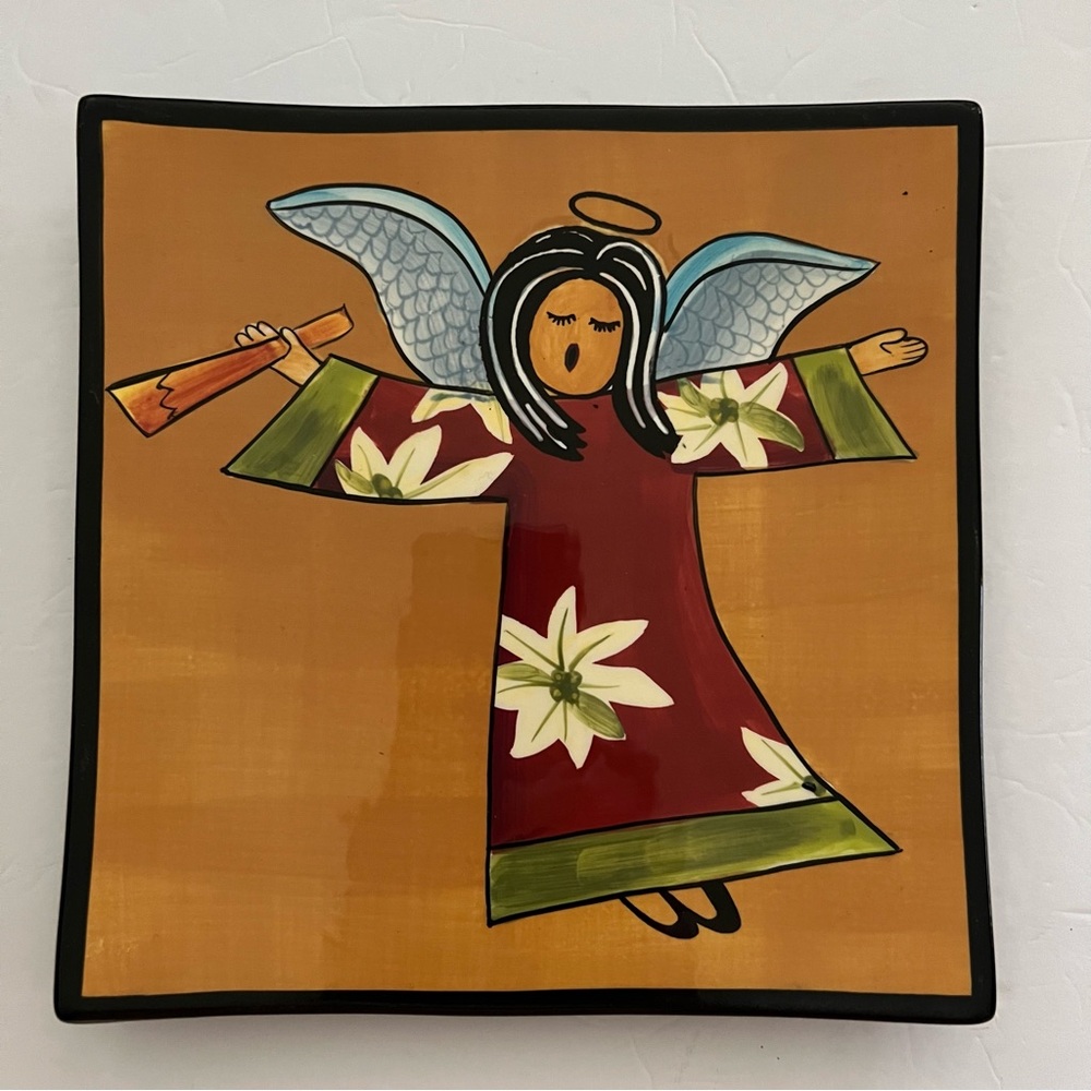 Hand-Painted Angel with Horn Ceramic Square Plate 9,5x9,5” Naylor Designs